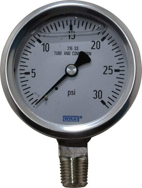 Wika - 2-1/2" Dial, 1/4 Thread, 0-30 Scale Range, Pressure Gauge - Lower Connection Mount, Accurate to 1.5% of Scale - Americas Tooling