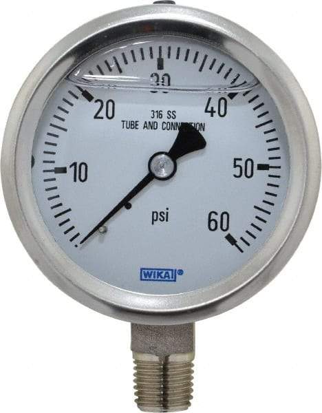 Wika - 2-1/2" Dial, 1/4 Thread, 0-60 Scale Range, Pressure Gauge - Lower Connection Mount, Accurate to 1.5% of Scale - Americas Tooling