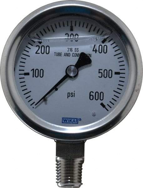 Wika - 2-1/2" Dial, 1/4 Thread, 0-600 Scale Range, Pressure Gauge - Lower Connection Mount, Accurate to 1.5% of Scale - Americas Tooling