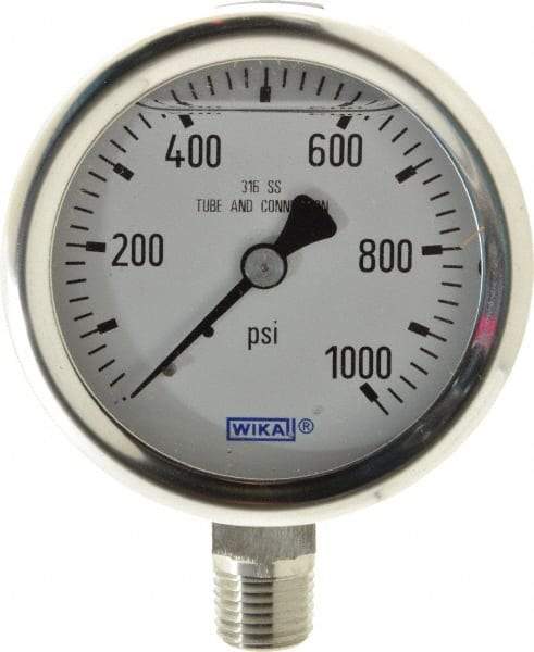 Wika - 2-1/2" Dial, 1/4 Thread, 0-1,000 Scale Range, Pressure Gauge - Lower Connection Mount, Accurate to 1.5% of Scale - Americas Tooling