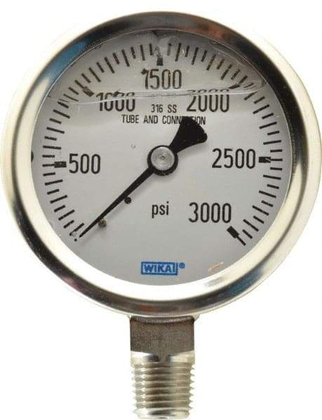 Wika - 2-1/2" Dial, 1/4 Thread, 0-3,000 Scale Range, Pressure Gauge - Lower Connection Mount, Accurate to 1.5% of Scale - Americas Tooling