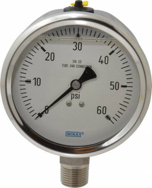 Wika - 4" Dial, 1/2 Thread, 0-60 Scale Range, Pressure Gauge - Lower Connection Mount, Accurate to 1% of Scale - Americas Tooling