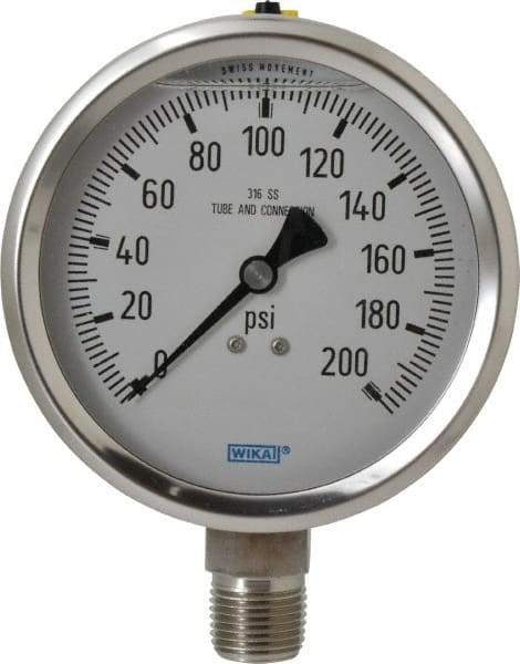 Wika - 4" Dial, 1/2 Thread, 0-200 Scale Range, Pressure Gauge - Lower Connection Mount, Accurate to 1% of Scale - Americas Tooling