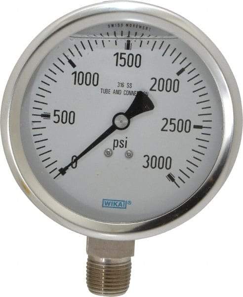 Wika - 4" Dial, 1/2 Thread, 0-3,000 Scale Range, Pressure Gauge - Lower Connection Mount, Accurate to 1% of Scale - Americas Tooling