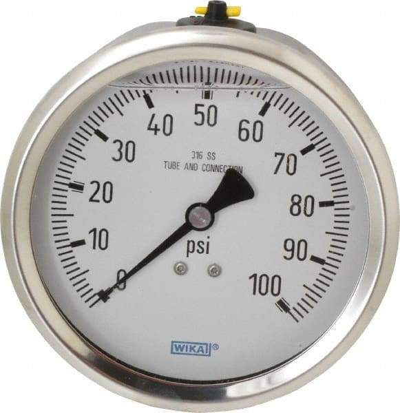 Wika - 4" Dial, 1/2 Thread, 0-100 Scale Range, Pressure Gauge - Lower Back Connection Mount, Accurate to 1% of Scale - Americas Tooling