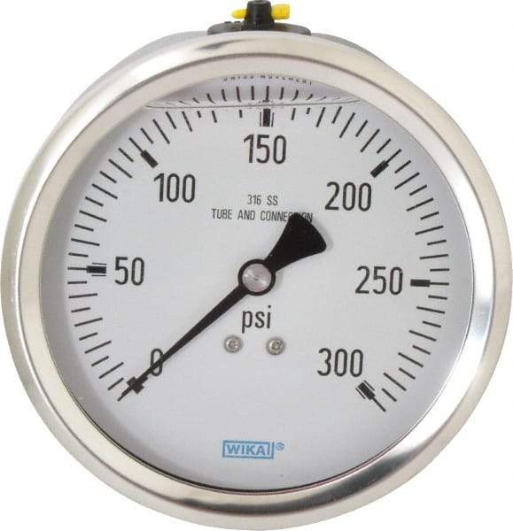 Wika - 4" Dial, 1/2 Thread, 0-300 Scale Range, Pressure Gauge - Lower Back Connection Mount, Accurate to 1% of Scale - Americas Tooling