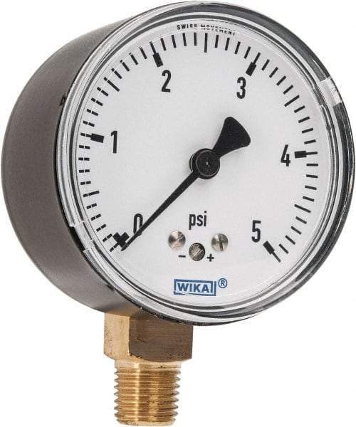 Wika - 2-1/2" Dial, 1/4 Thread, 0-5 Scale Range, Pressure Gauge - Lower Connection Mount, Accurate to 1.5% of Scale - Americas Tooling