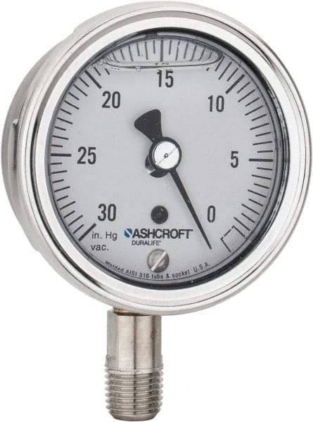 Ashcroft - 2-1/2" Dial, 1/4 Thread, 30-0 Scale Range, Pressure Gauge - Lower Connection Mount, Accurate to 1% of Scale - Americas Tooling