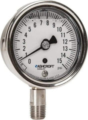 Ashcroft - 2-1/2" Dial, 1/4 Thread, 0-15 Scale Range, Pressure Gauge - Lower Connection Mount, Accurate to 1% of Scale - Americas Tooling