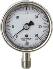 Ashcroft - 2-1/2" Dial, 1/4 Thread, 0-30 Scale Range, Pressure Gauge - Lower Connection Mount, Accurate to 1% of Scale - Americas Tooling