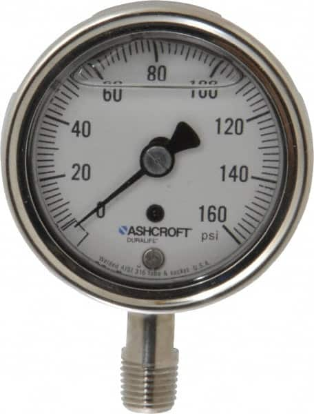 Ashcroft - 2-1/2" Dial, 1/4 Thread, 0-160 Scale Range, Pressure Gauge - Lower Connection Mount, Accurate to 1% of Scale - Americas Tooling