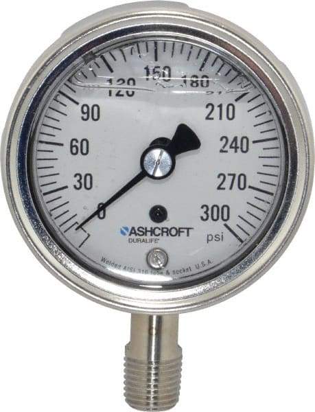 Ashcroft - 2-1/2" Dial, 1/4 Thread, 0-300 Scale Range, Pressure Gauge - Lower Connection Mount, Accurate to 1% of Scale - Americas Tooling