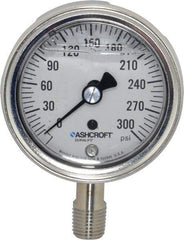 Ashcroft - 2-1/2" Dial, 1/4 Thread, 0-300 Scale Range, Pressure Gauge - Lower Connection Mount, Accurate to 1% of Scale - Americas Tooling