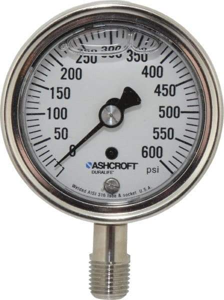 Ashcroft - 2-1/2" Dial, 1/4 Thread, 0-600 Scale Range, Pressure Gauge - Lower Connection Mount, Accurate to 1% of Scale - Americas Tooling