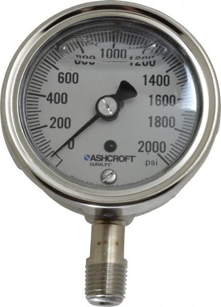 Ashcroft - 2-1/2" Dial, 1/4 Thread, 0-2,000 Scale Range, Pressure Gauge - Lower Connection Mount, Accurate to 1% of Scale - Americas Tooling