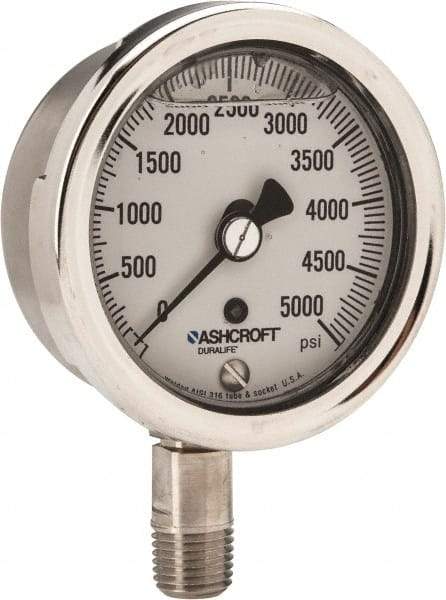 Ashcroft - 2-1/2" Dial, 1/4 Thread, 0-5,000 Scale Range, Pressure Gauge - Lower Connection Mount, Accurate to 1% of Scale - Americas Tooling