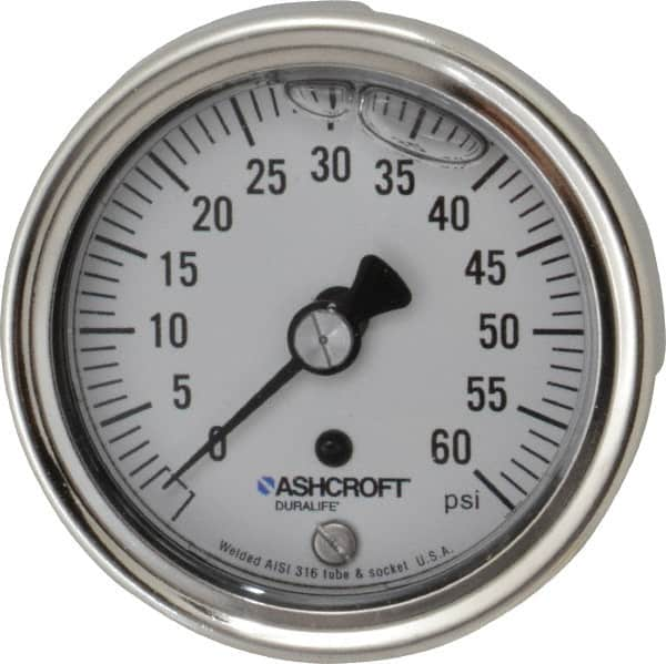 Ashcroft - 2-1/2" Dial, 1/4 Thread, 0-60 Scale Range, Pressure Gauge - Center Back Connection Mount, Accurate to 1% of Scale - Americas Tooling