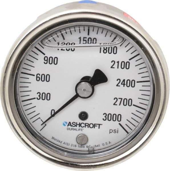 Ashcroft - 2-1/2" Dial, 1/4 Thread, 0-3,000 Scale Range, Pressure Gauge - Center Back Connection Mount, Accurate to 1% of Scale - Americas Tooling