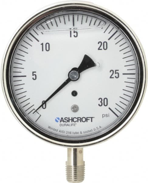 Ashcroft - 3-1/2" Dial, 1/4 Thread, 0-30 Scale Range, Pressure Gauge - Lower Connection Mount, Accurate to 1% of Scale - Americas Tooling