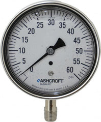 Ashcroft - 3-1/2" Dial, 1/4 Thread, 0-60 Scale Range, Pressure Gauge - Lower Connection Mount, Accurate to 1% of Scale - Americas Tooling