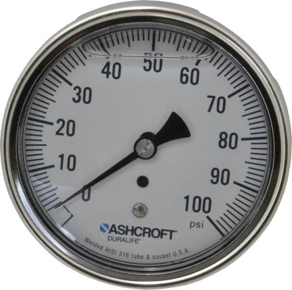 Ashcroft - 3-1/2" Dial, 1/4 Thread, 0-100 Scale Range, Pressure Gauge - Center Back Connection Mount, Accurate to 1% of Scale - Americas Tooling