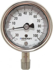 Ashcroft - 2-1/2" Dial, 1/4 Thread, 30-0-100 Scale Range, Pressure Gauge - Lower Connection Mount, Accurate to 1% of Scale - Americas Tooling