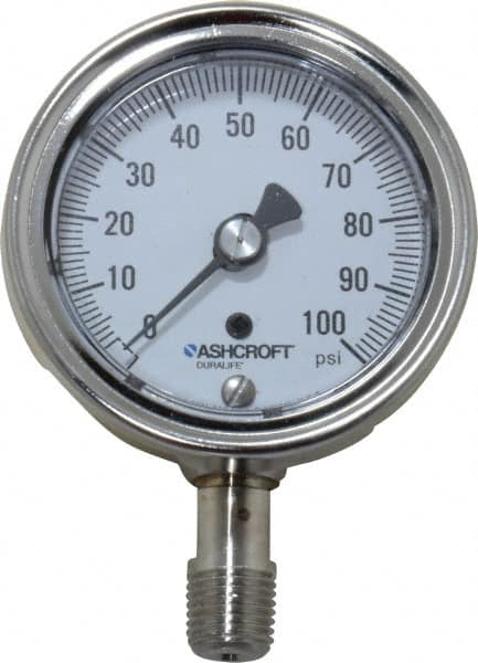 Ashcroft - 2-1/2" Dial, 1/4 Thread, 0-100 Scale Range, Pressure Gauge - Lower Connection Mount, Accurate to 1% of Scale - Americas Tooling