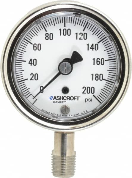 Ashcroft - 2-1/2" Dial, 1/4 Thread, 0-200 Scale Range, Pressure Gauge - Lower Connection Mount, Accurate to 1% of Scale - Americas Tooling