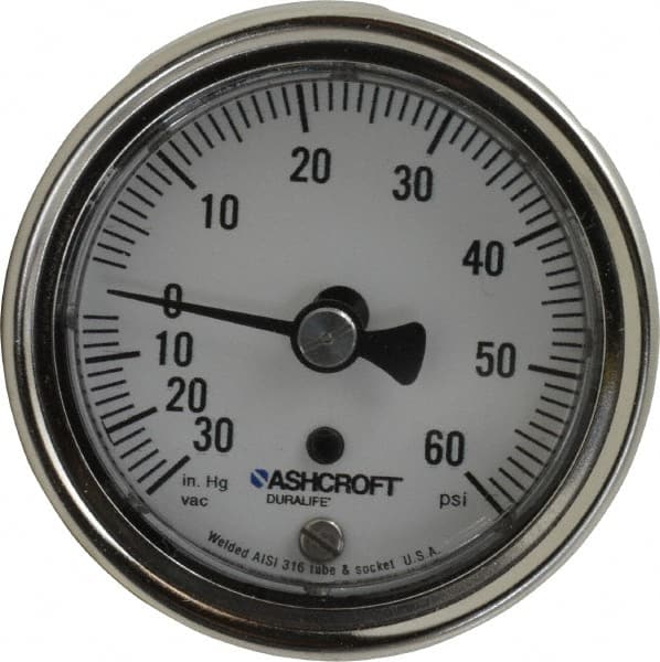 Ashcroft - 2-1/2" Dial, 1/4 Thread, 30-0-60 Scale Range, Pressure Gauge - Center Back Connection Mount, Accurate to 1% of Scale - Americas Tooling