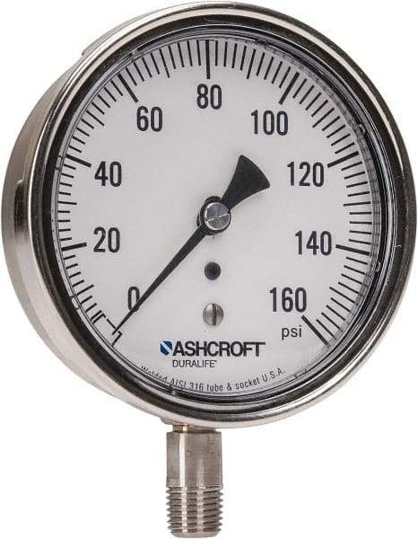 Ashcroft - 3-1/2" Dial, 1/4 Thread, 0-160 Scale Range, Pressure Gauge - Lower Connection Mount, Accurate to 1% of Scale - Americas Tooling