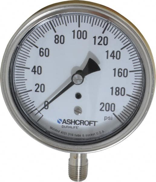 Ashcroft - 3-1/2" Dial, 1/4 Thread, 0-200 Scale Range, Pressure Gauge - Lower Connection Mount, Accurate to 1% of Scale - Americas Tooling