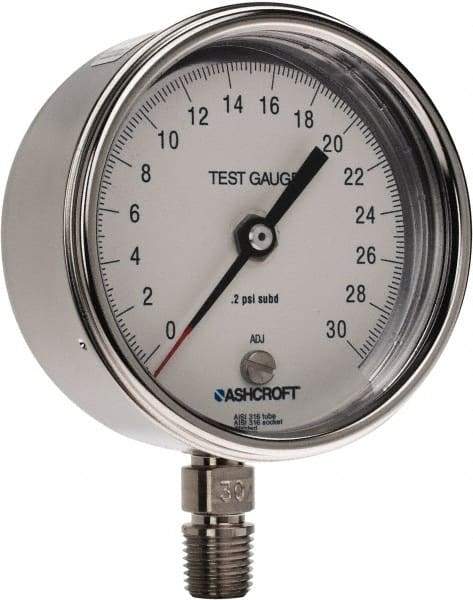 Ashcroft - 3" Dial, 1/4 Thread, 0-30 Scale Range, Pressure Gauge - Lower Connection Mount, Accurate to 0.5% of Scale - Americas Tooling