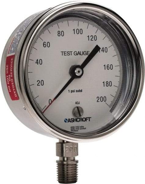 Ashcroft - 3" Dial, 1/4 Thread, 0-200 Scale Range, Pressure Gauge - Lower Connection Mount, Accurate to 0.5% of Scale - Americas Tooling