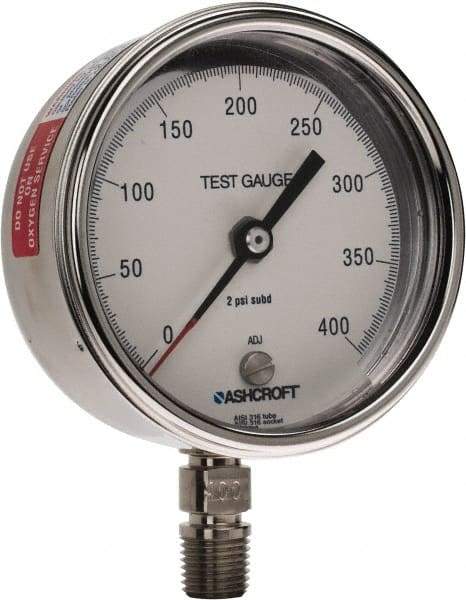 Ashcroft - 3" Dial, 1/4 Thread, 0-400 Scale Range, Pressure Gauge - Lower Connection Mount, Accurate to 0.5% of Scale - Americas Tooling