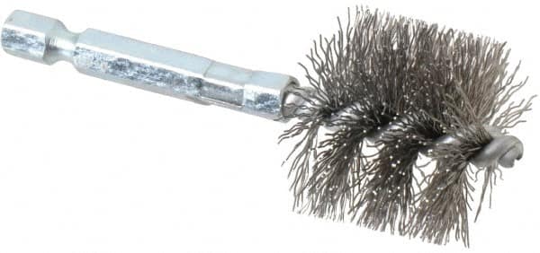 Schaefer Brush - 1 Inch Inside Diameter, 1-3/16 Inch Actual Brush Diameter, Carbon Steel, Power Fitting and Cleaning Brush - 1/4 Shank Diameter, 3-1/8 Inch Long, Hex Shaft Stem, 1-1/8 Inch Refrigeration Outside Diameter - Americas Tooling