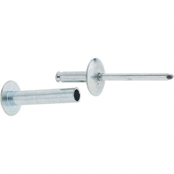 RivetKing - Size 8-26 Dome Head Steel Flush on Both Sides Blind Rivet - Steel Mandrel, 1-3/8" to 1-5/8" Grip, 5/8" Head Diam, 0.255" Min Hole Diam, 1.32" Length Under Head, 1/4" Body Diam - Americas Tooling