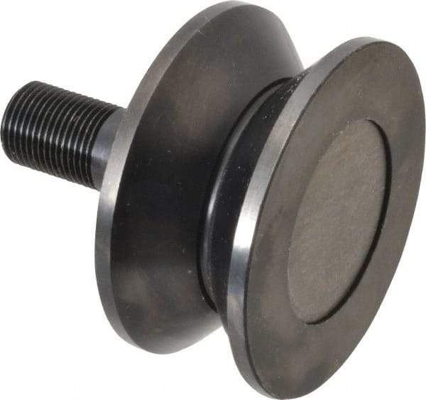 Accurate Bushing - 3-1/2" Roller Diam x 1-11/16" Width, 7/8" Stud Diam x 2" Length, V Guide Roller - Steel, 1-1/8" Thread Length, 7/8-14 Thread, 3,490 Lb Dynamic Cap, 2,000 Lb Static Cap - Americas Tooling