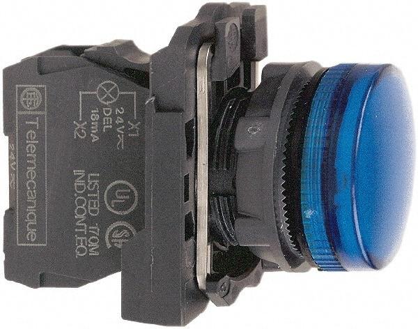 Schneider Electric - 230-240 VAC at 50/60 Hz Blue Lens LED Pilot Light - Round Lens, Screw Clamp Connector, 30mm Wide, Vibration Resistant, Water Resistant - Americas Tooling