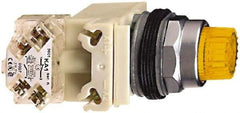 Schneider Electric - 1.22 Inch Mount Hole, Extended Mushroom Head, Pushbutton Switch with Contact Block - Round, Yellow Pushbutton, Illuminated, Momentary (MO), Dusttight, Oiltight, Watertight and Shock and Vibration Resistant - Americas Tooling