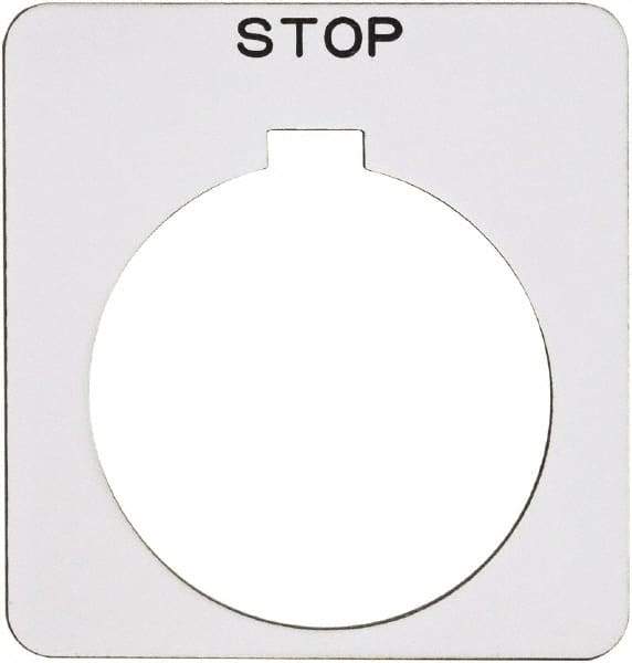 Schneider Electric - Square, Plastic Legend Plate - Stop - White Background, Black Letters, 1.22 Inch Hole Diameter, 1-3/4 Inch Square - Americas Tooling