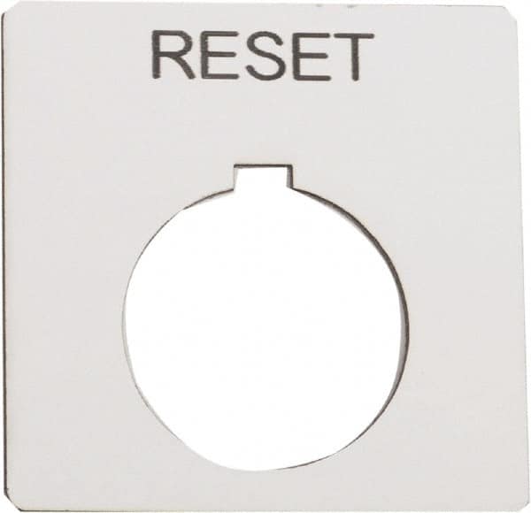 Schneider Electric - Square, Plastic Legend Plate - Reset - White Background, Black Letters, 1.2 Inch Hole Diameter, 2-1/4 Inch Square - Americas Tooling