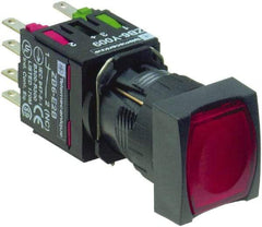 Schneider Electric - 16mm Mount Hole, Flush, Pushbutton Switch with Contact Block - Square, Red Pushbutton, Illuminated, Momentary (MO) - Americas Tooling