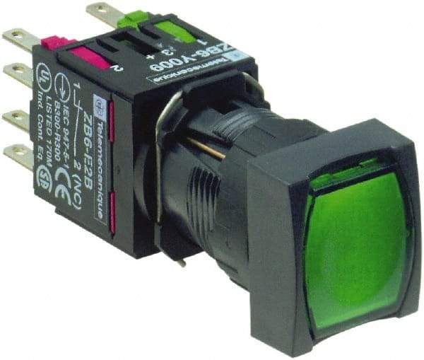 Schneider Electric - 16mm Mount Hole, Flush, Pushbutton Switch with Contact Block - Square, Green Pushbutton, Illuminated, Momentary (MO) - Americas Tooling