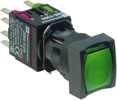 Schneider Electric - 16mm Mount Hole, Flush, Pushbutton Switch with Contact Block - Square, Green Pushbutton, Illuminated, Momentary (MO) - Americas Tooling