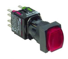 Schneider Electric - 16mm Mount Hole, Extended Straight, Pushbutton Switch with Contact Block - Square, Red Pushbutton, Illuminated, Momentary (MO) - Americas Tooling