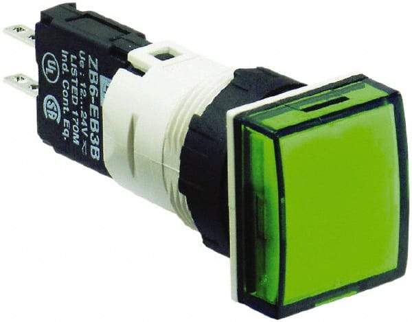 Schneider Electric - 12-24 VAC/VDC Green Lens LED Pilot Light - Square Lens, Quick Connect Connector, 18mm Wide, Vibration Resistant - Americas Tooling