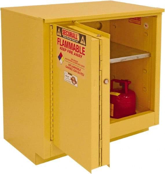 Securall Cabinets - 2 Door, 1 Shelf, Yellow Steel Under the Counter Safety Cabinet for Flammable and Combustible Liquids - 35-5/8" High x 35" Wide x 22" Deep, Sliding Door, 3 Point Key Lock, 24 Gal Capacity - Americas Tooling