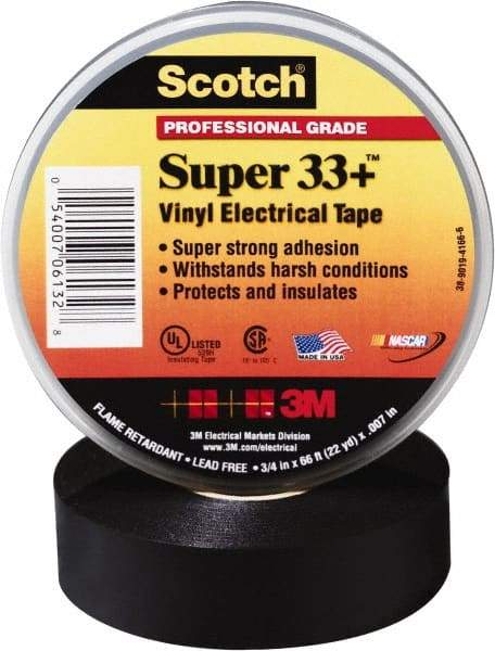 3M - 1" x 110', Black Vinyl Electrical Tape - Series 33+, 7 mil Thick, 1,150 V/mil Dielectric Strength, 15 Lb./Inch Tensile Strength - Americas Tooling