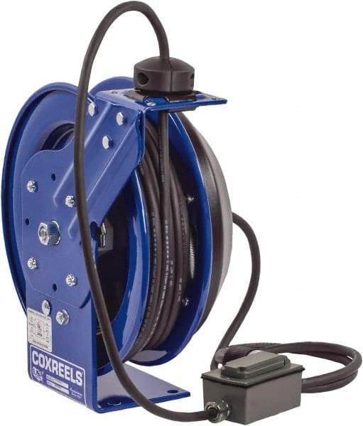 CoxReels - 12 AWG, 35' Cable Length, Cord & Cable Reel with Duplex GFCI Outlet Box End - 2 Outlets, NEMA 5-20R, 20 Amps, 115 Volts, SJO Cable, Blue Reel, Spring Driven Reel - Americas Tooling