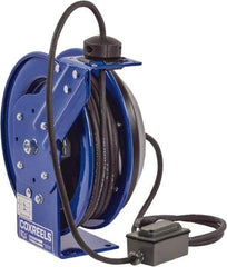 CoxReels - 12 AWG, 100' Cable Length, Cord & Cable Reel with Duplex GFCI Outlet Box End - 2 Outlets, NEMA 5-20R, 20 Amps, 115 Volts, SJO Cable, Blue Reel, Spring Driven Reel - Americas Tooling